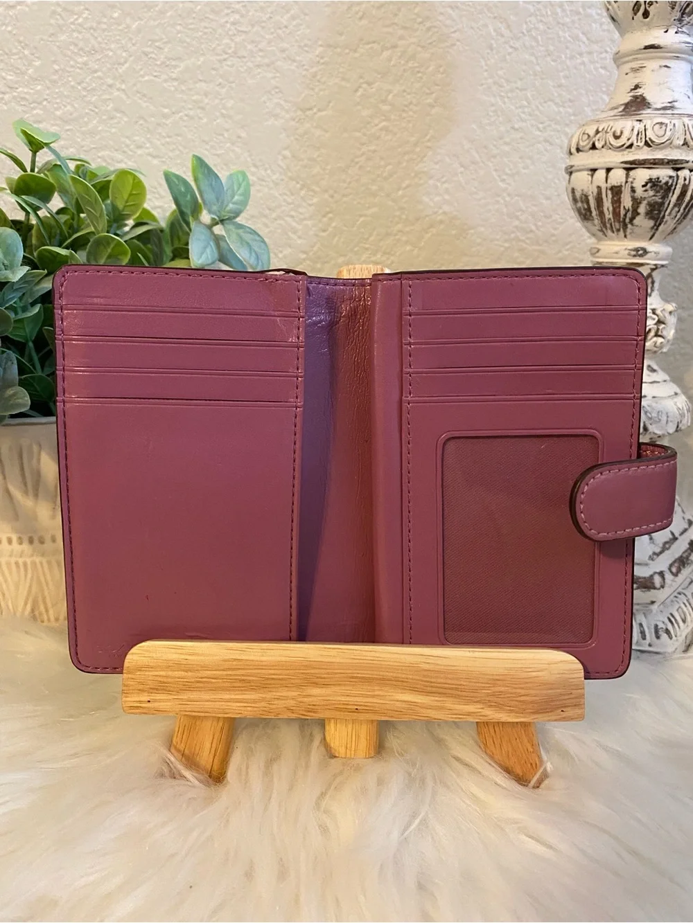 Coach Signature Canvas Small Wallet in Khaki with Purple Tab